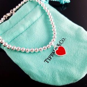 Tiffany Red Heart Tag Silver Bead 4mm Bracelet Size L